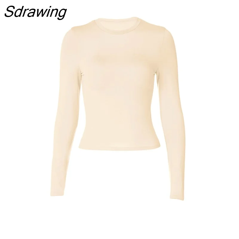 Sdrawing Women's Basic Long Sleeve Crop Top Solid Color Crew Neck Cozy Stretchy Slim Fitted Cropped T Shirts Pullover Streetwear