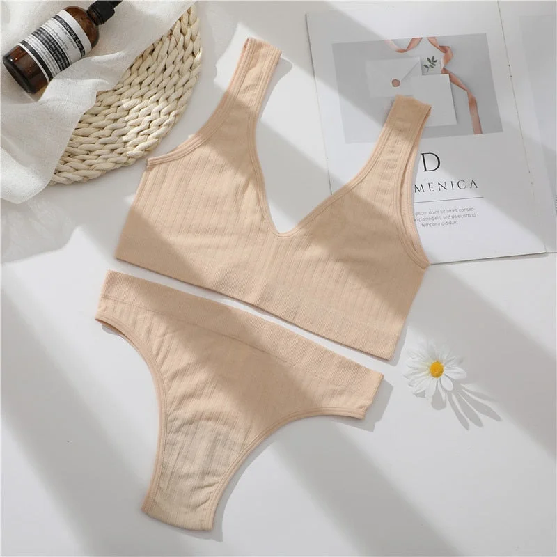 FINETOO Women Seamless Bra Underwear Set Sexy Lingerie Tanks Top+ Brazilian Pantys Fitness Active Sports Push Up Brassiere Sets