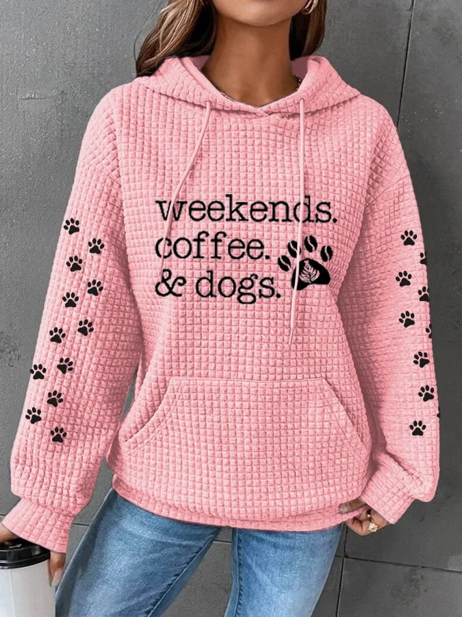 Women's Weekends Coffee and Dogs Dog Lover Printed Waffle Hooded Sweatshirt socialshop