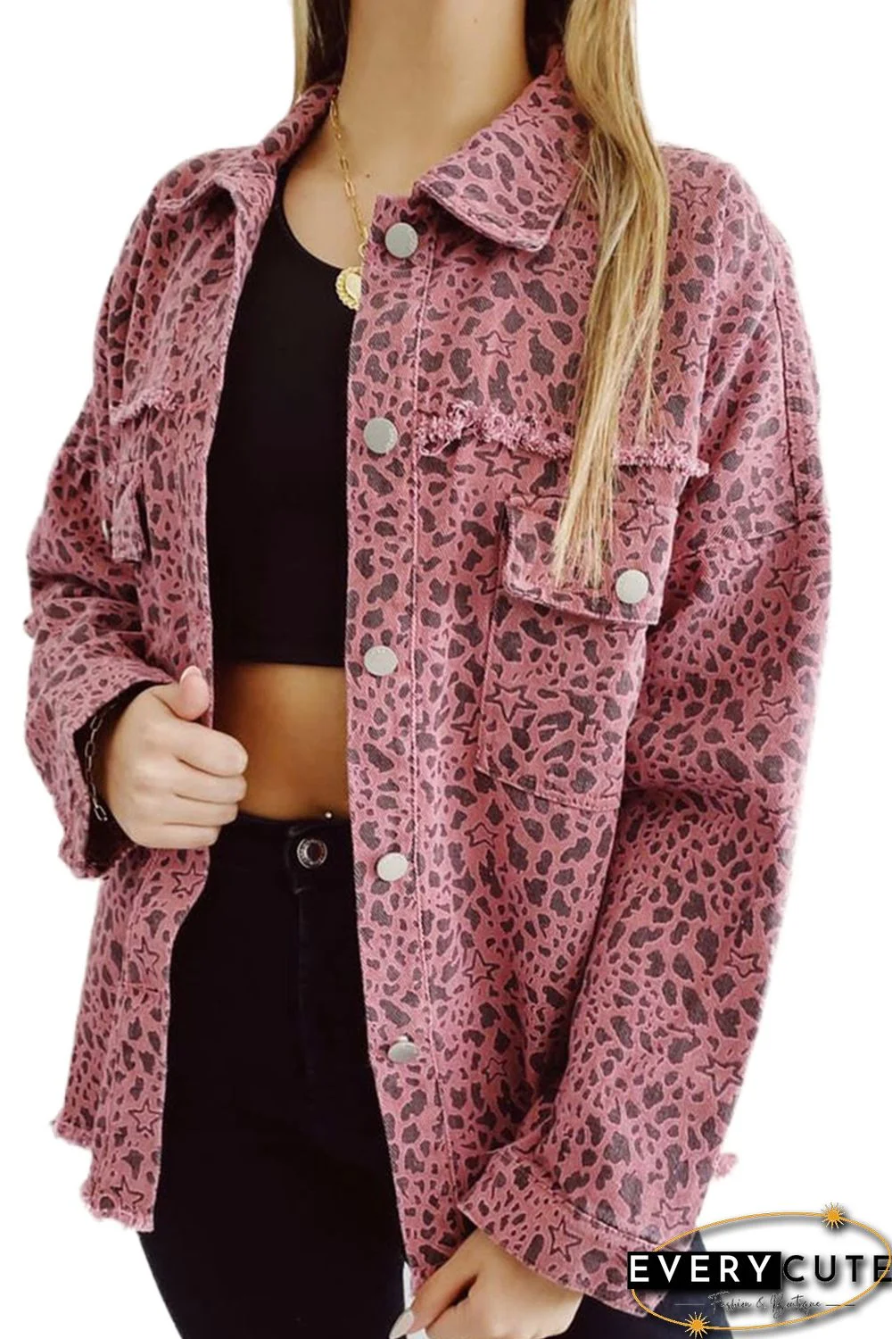 Pink Stars & Animal Spots Print Button Up Denim Shacket