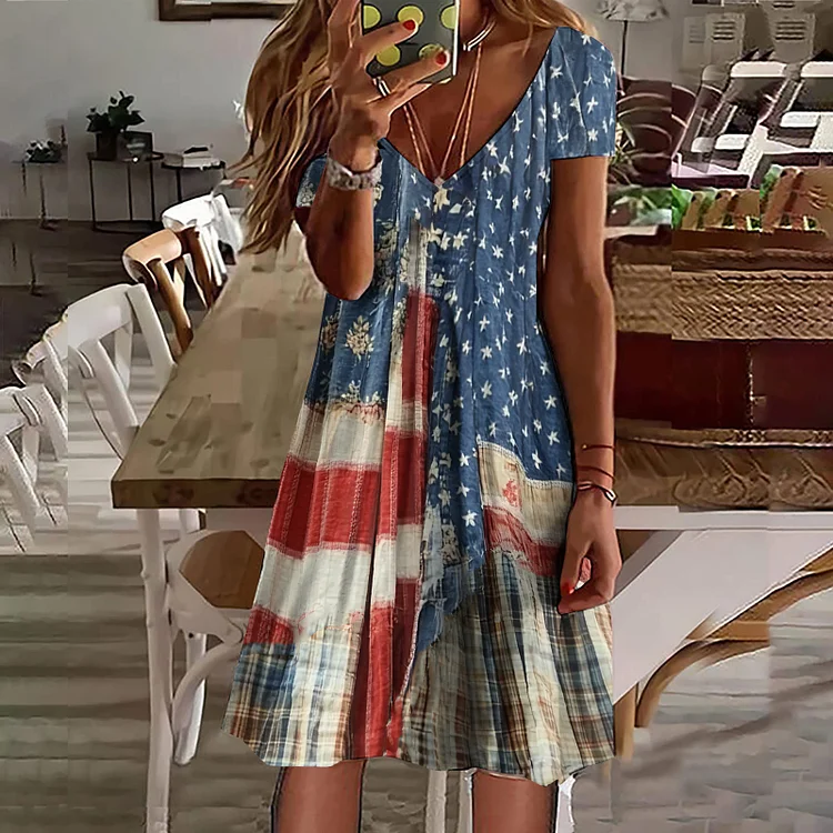 VChics Women's Vintage Independence Day Flag Check Short Sleeve Dress