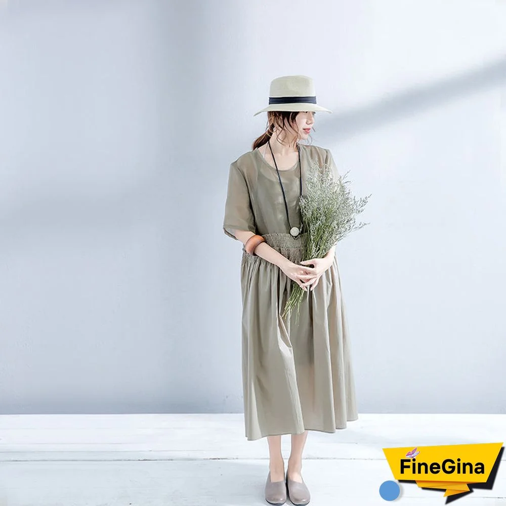 Elegant gray cotton linen dresses plus size elastic waist cotton dresses fine o neck linen clothing dress