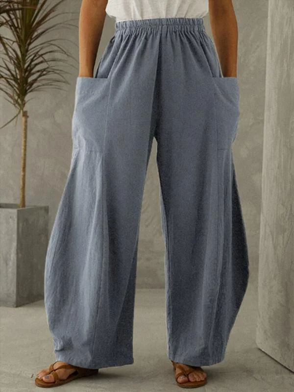 Ladies cotton and linen solid color pocket elastic waist casual trousers-Mayoulove