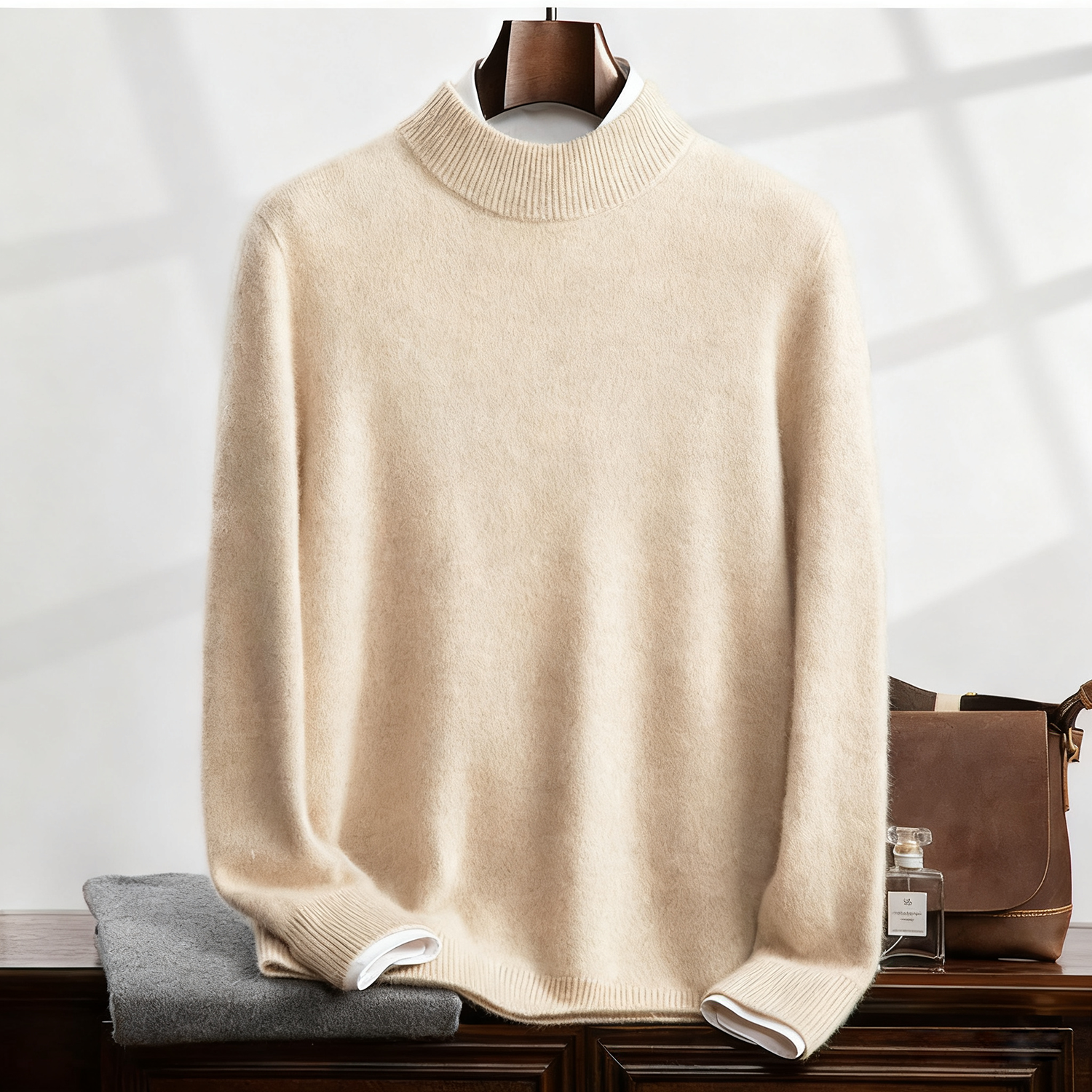 Men's Heavyweight Cashmere Sweater | Semi High Neck for Warmth REAL SILK LIFE