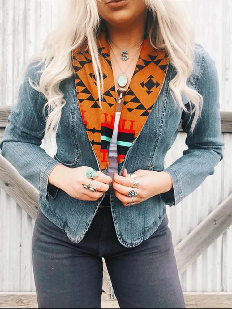Women's Vintage Ethnic  Denim Style Blazer