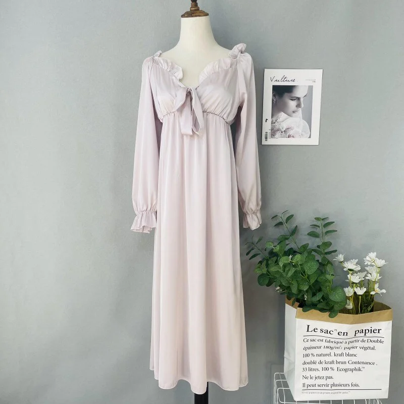 Sleepwear Spring Long Nightdress Court Style Square Collar Nightgown Sleepwear Casual Bathrobe Home Dress Satin Loungewear