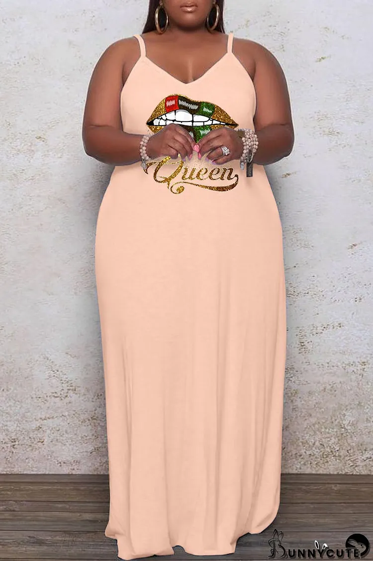 Apricot Casual Print Split Joint Spaghetti Strap Sling Dress Plus Size Dresses