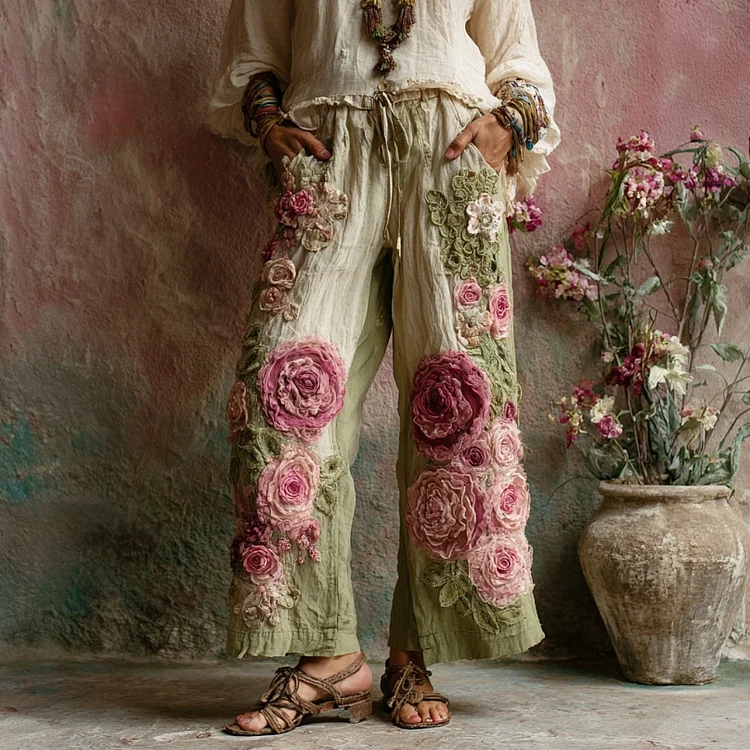 VChics Vintage Floral Embroidered Art Print Linen Blend Pants