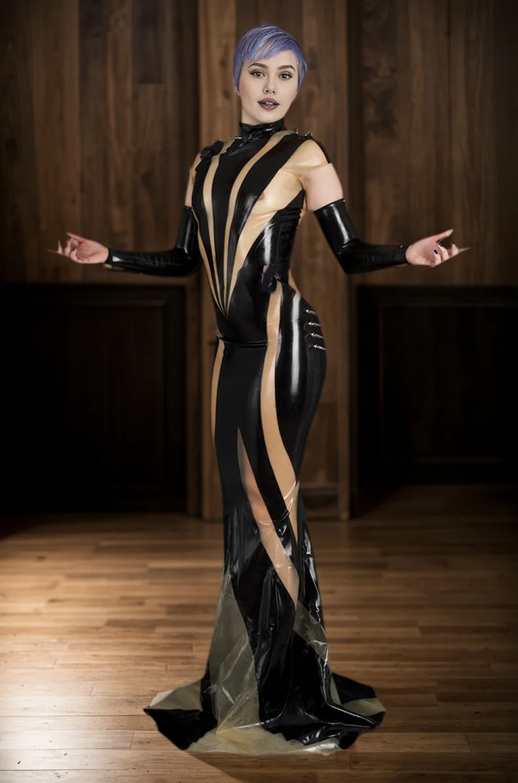 Women Latex Dress Spikes Black & Nude Gown 