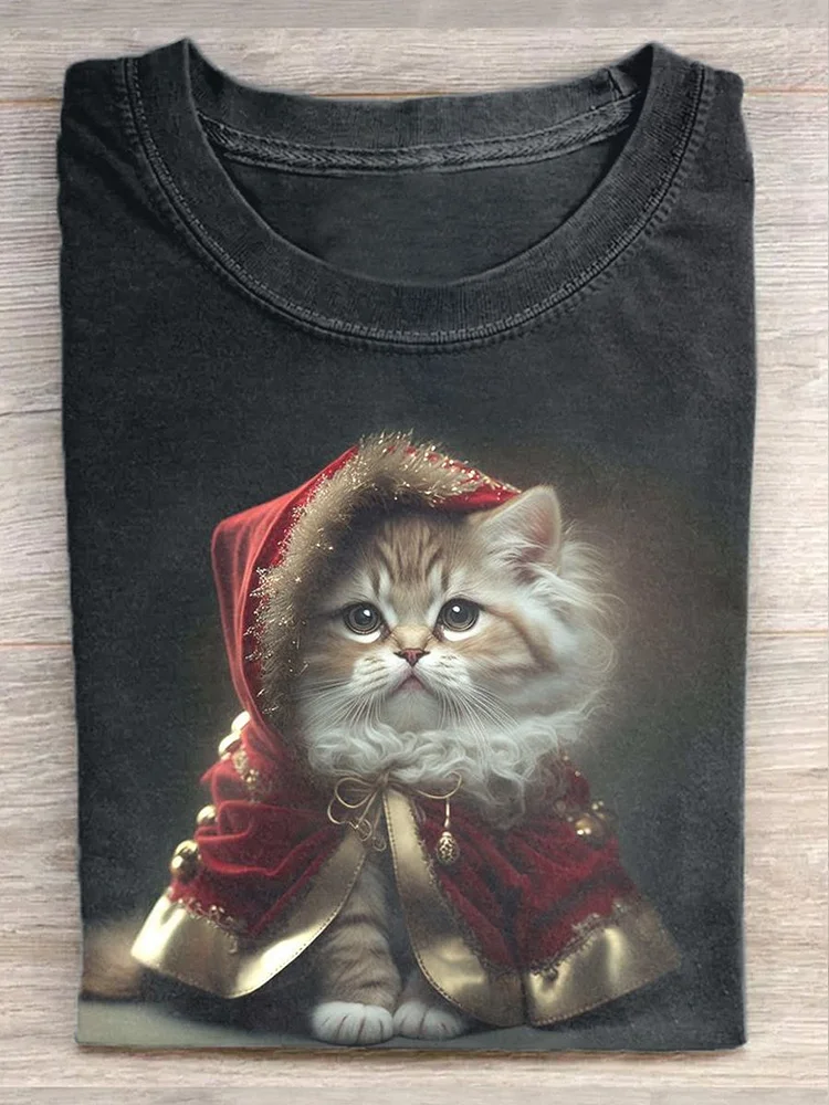 Unisex Cute Cat Christmas Print Casual Short Sleeve T-Shirt