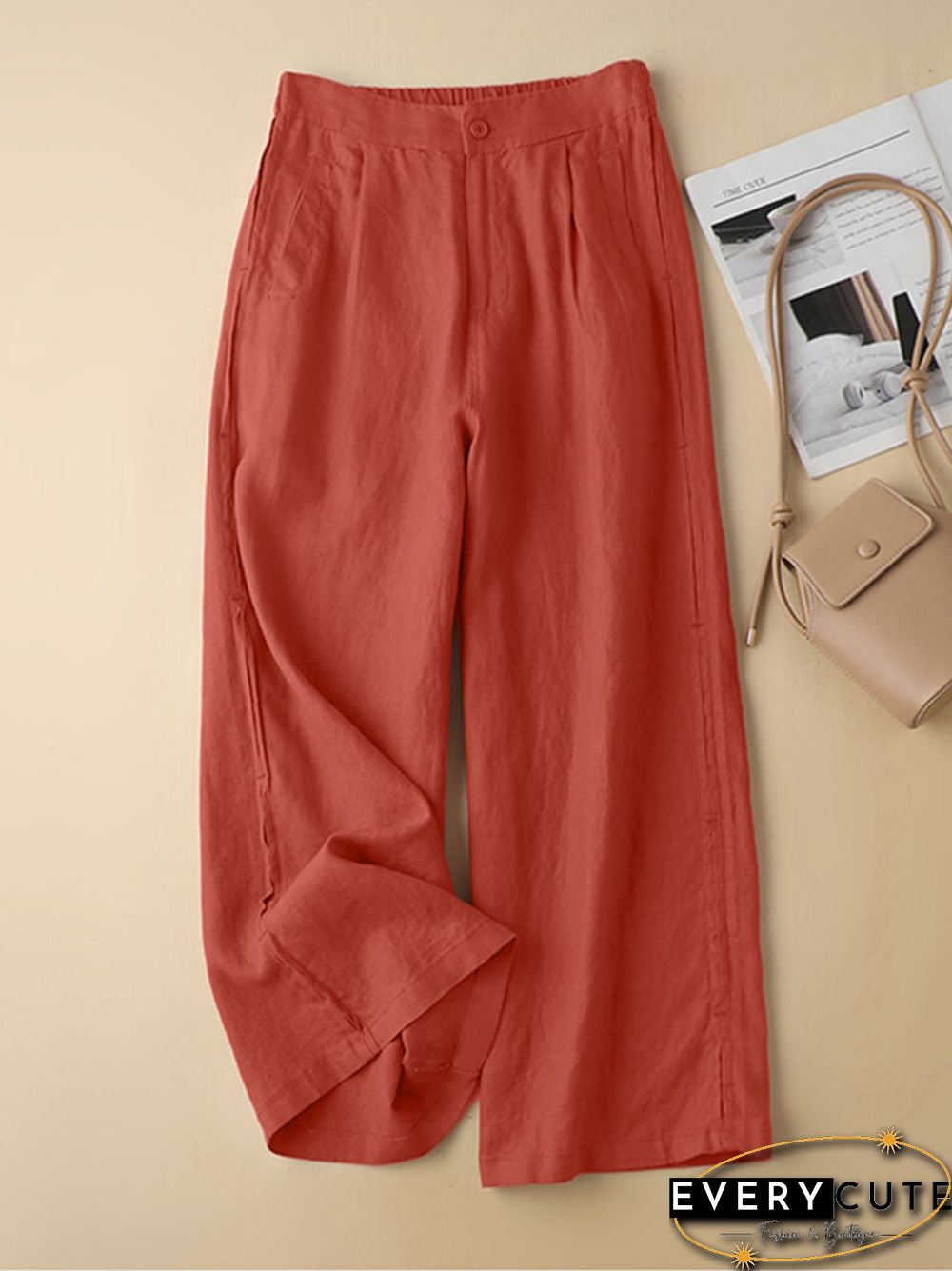 Solid Pocket Elastic Waist Straight Leg Casual Pants