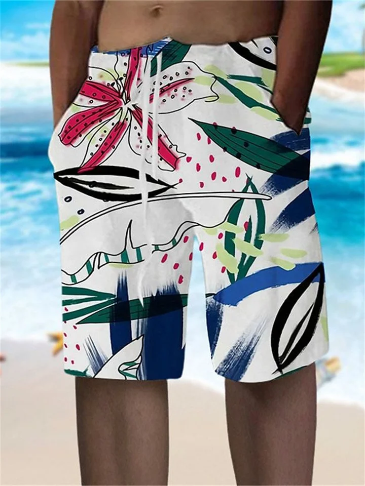 Beach Drawstring Shorts Botanical Graffiti Sketch Printed Men's Shorts