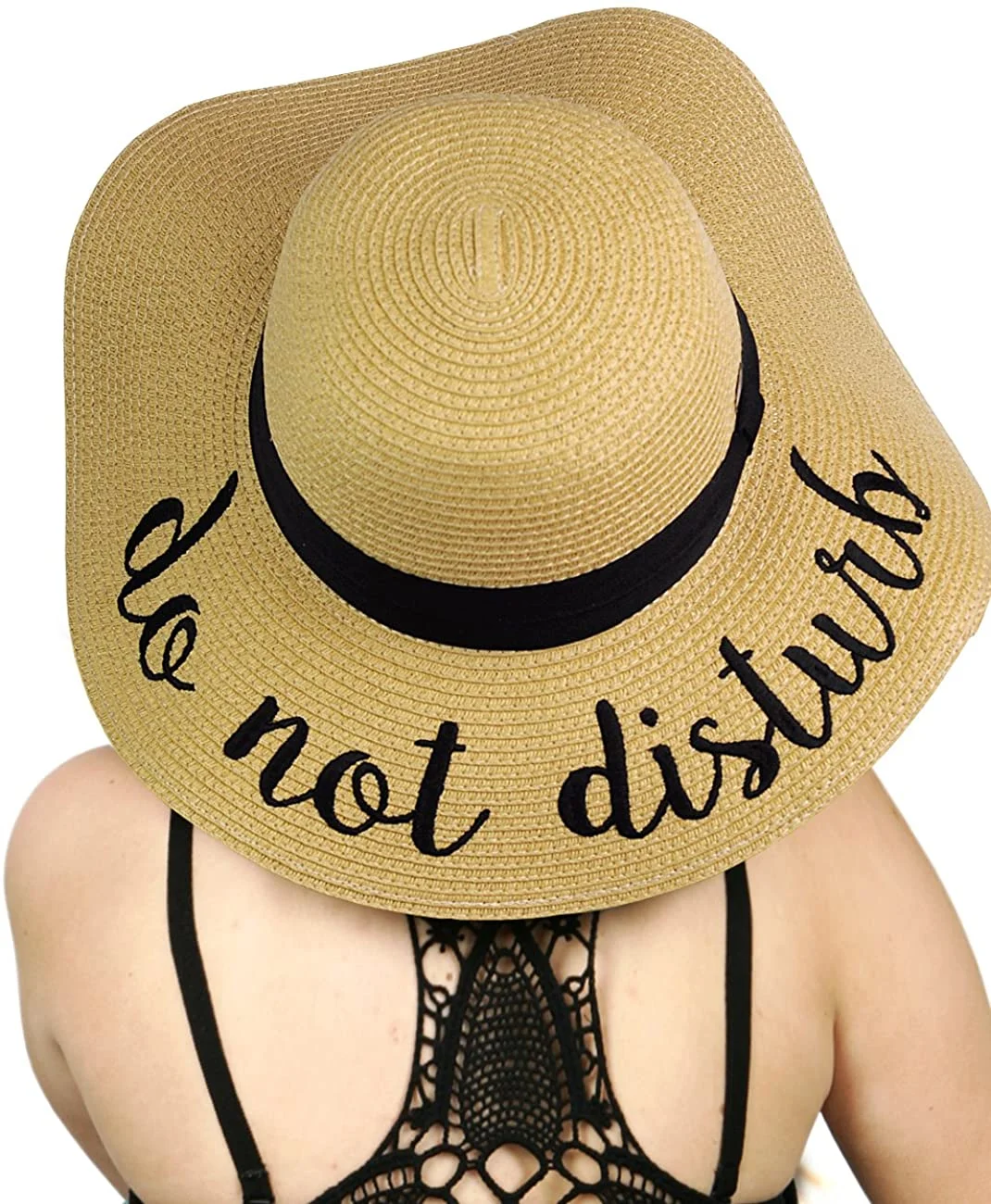 Women's Paper Weaved Crushable Beach Embroidered Quote Floppy Brim Sun Hat