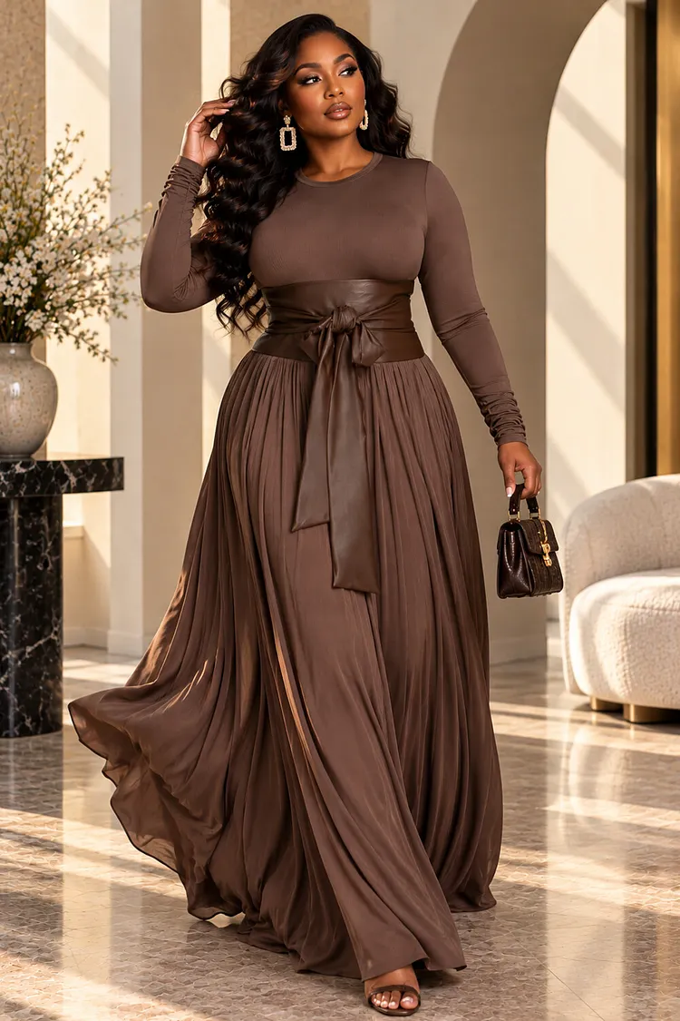 Xpluswear Design Plus Size Daily Brown Round Neck Long Sleeve Maxi Dresses(With Belt) [Pre-Order] 2024 - Xpluswear