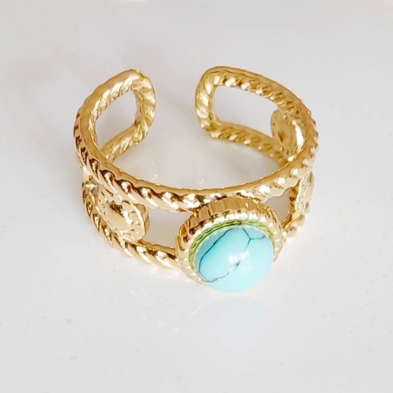 Vintage Style Minimalist Classic Style C Shape 304 Stainless Steel Natural Stone 14K Gold Plated Plating Inlay Open Rings