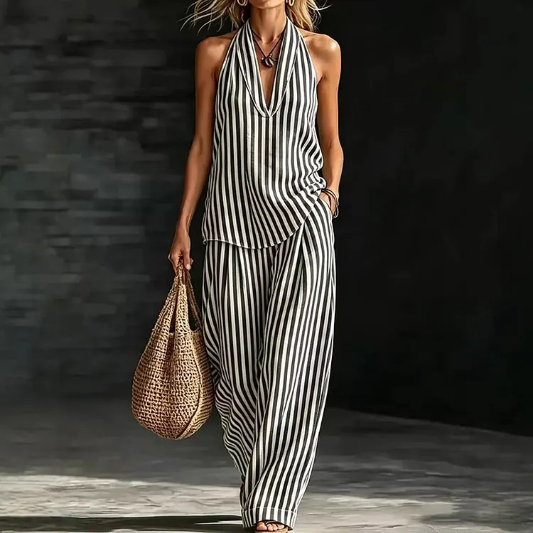 Striped Halterneck Vest Wide-leg Pants Cotton Linen Two-piece Set