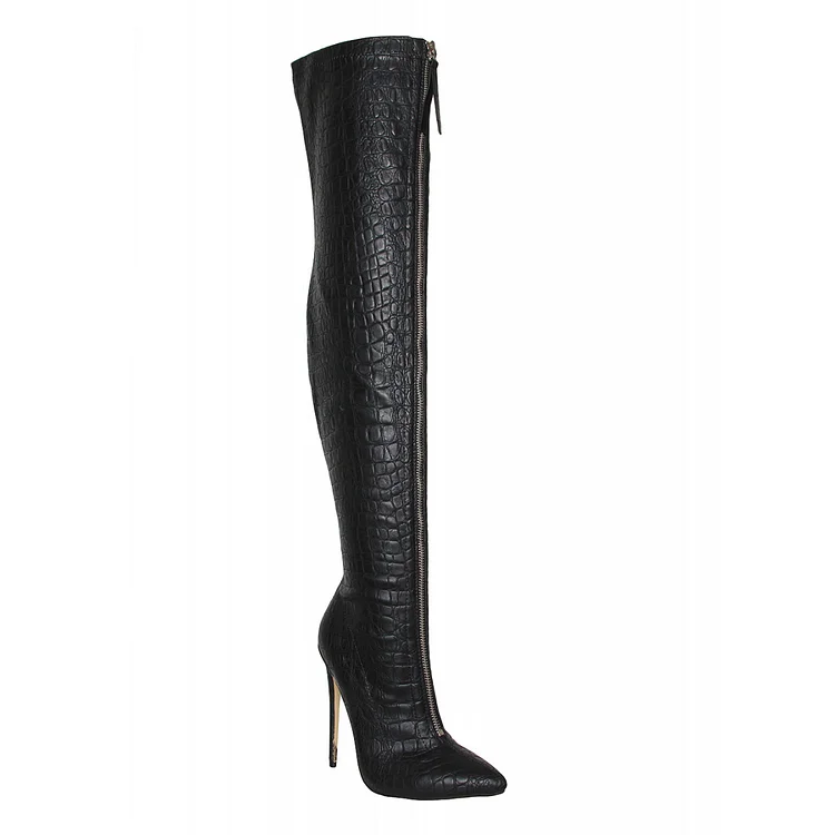 Black Textured Vegan Leather Thigh High Heel Boots Vdcoo