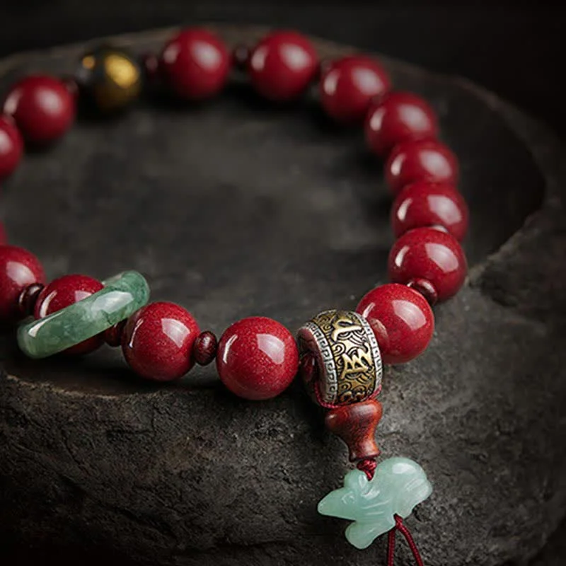 925 Sterling Silver Chinese Zodiac Cinnabar Om Mani Padme Hum Jade Blessing Wrist Mala