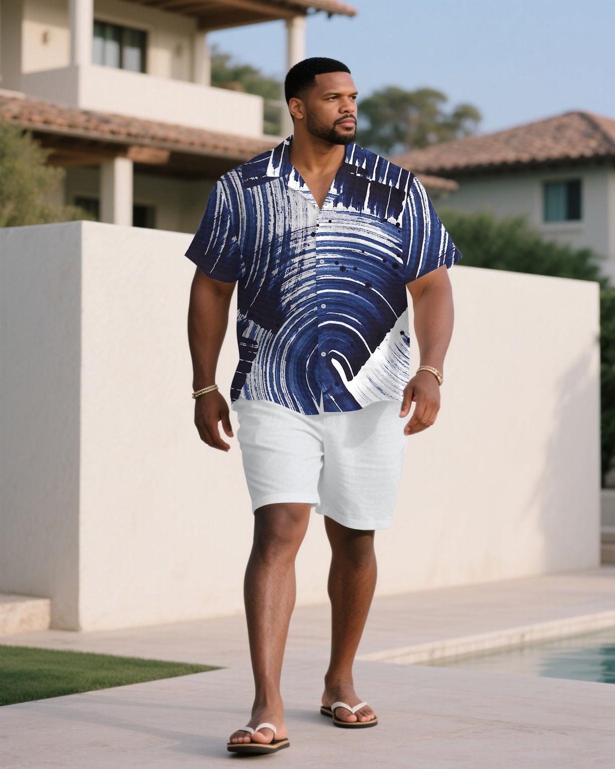 Men's Plus Size White & Blue Large Brush Graffiti Art Short Sleeve Shirt Shorts Suit
