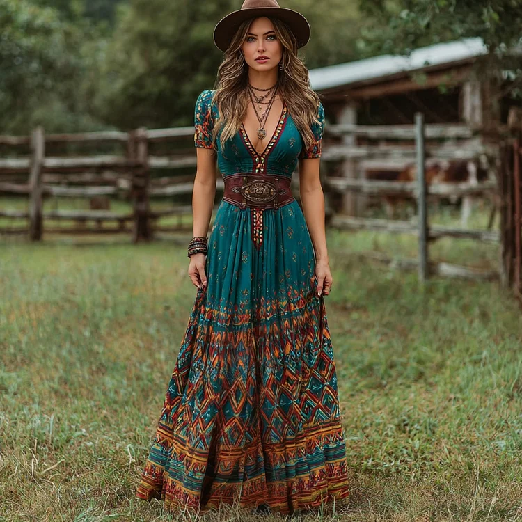 Women's Vintage Western Geometric Print V-neck Short Sleeve Maxi Dress