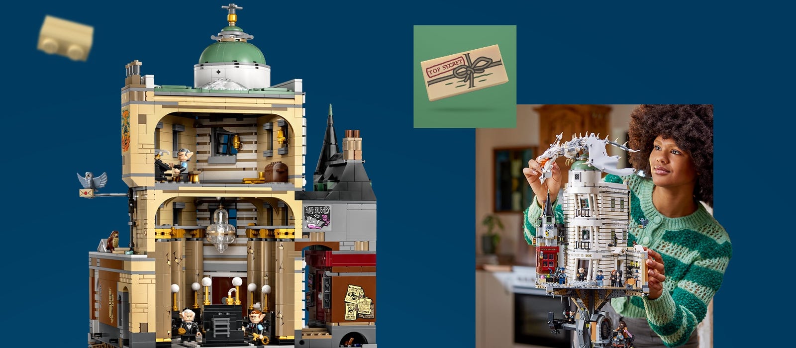 LEGO Harry Potter Gringotts Bank model beside an image of a woman in a green striped sweater building the set, all on blue background