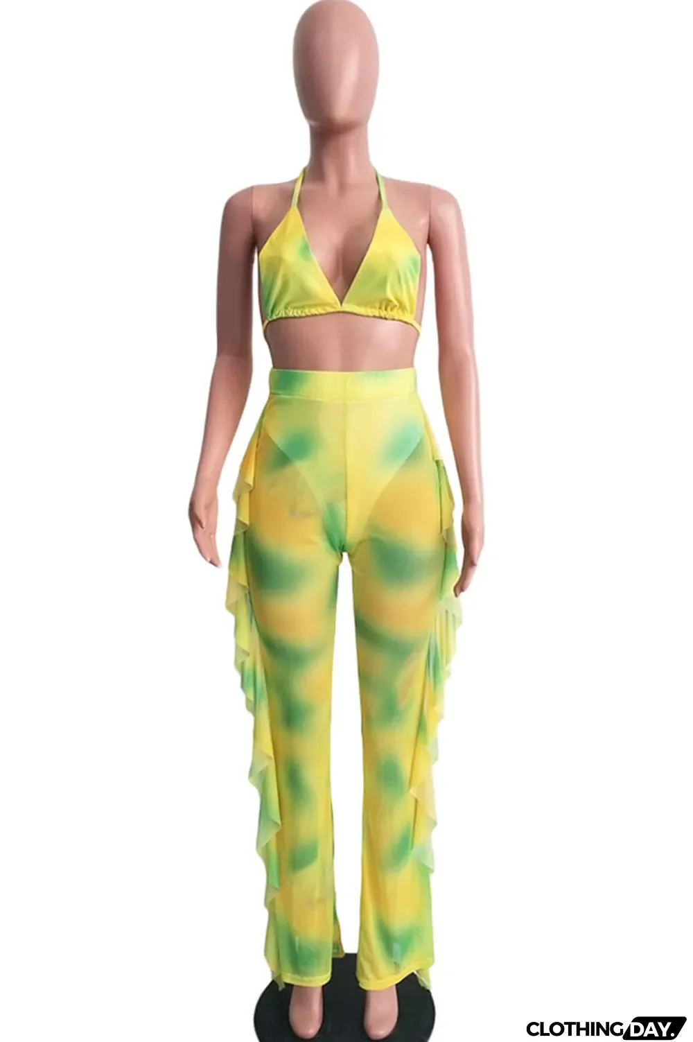 Yellow Polyester Sexy Fashion Stringy selvedge Print Tie Dye Patchwork Loose Sleeveless