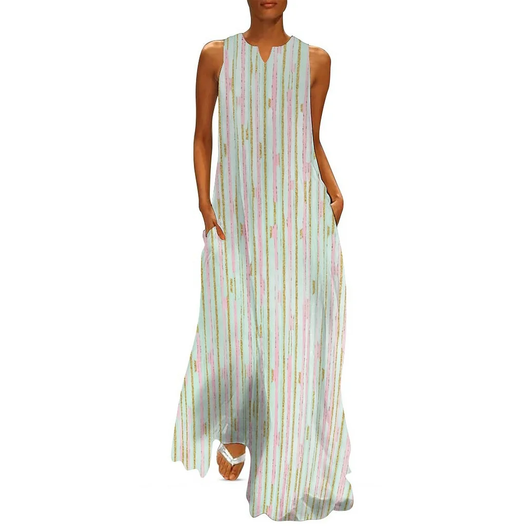 Style & Comfort for Mature Women Plus Size Printed Sleeveless Casual Women Maxi Dress with Pockets in Pattern Striped, Green, Pink
