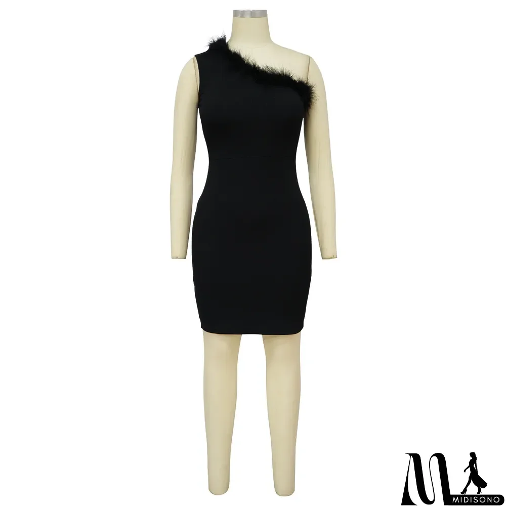 MidiSono - Ladies' Fashion Ribbed Feather Slash Shoulder Sleeveless Bodycon Dress