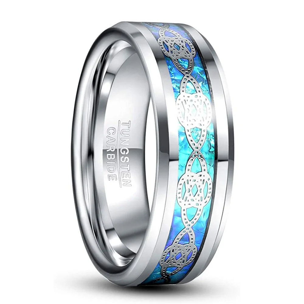 8mm Celtic Knot Silver Tungsten Carbide Rings With Blue Opal Sticker Inlay Men's Wedding Bands