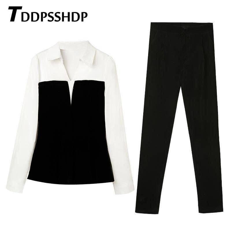 2019 Fashion Women Set Waist Belt Black and White Color Top and Pants