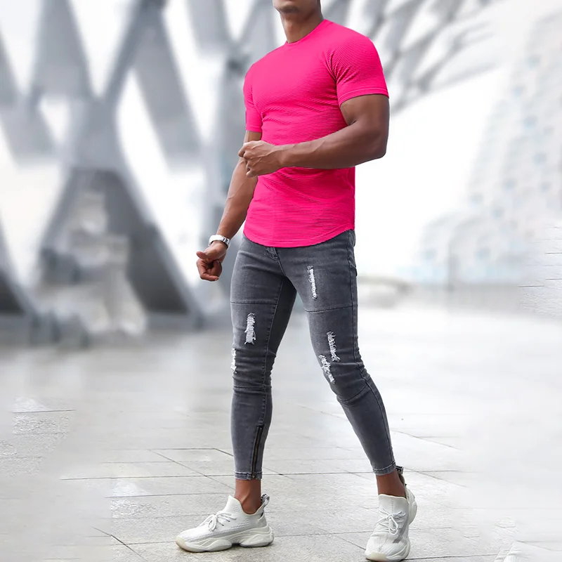 Men's Sports Short-sleeved Fitness Training T-shirt Running Top Casual Slim Round Neck Solid Color Cotton Bottoming Shir