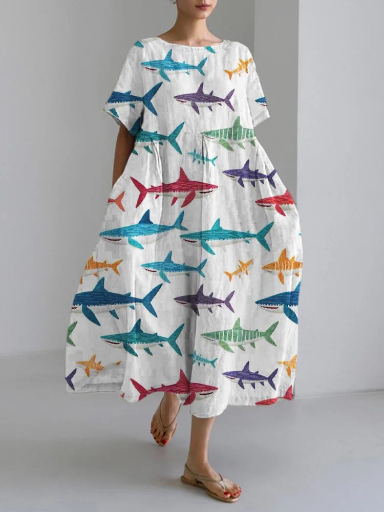 Colorful Shark Knit Pattern Linen Women's Long Dress