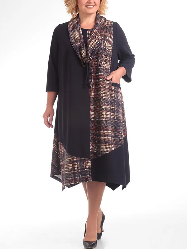 Crew Neck Check Print Pocket Long Sleeve Dress