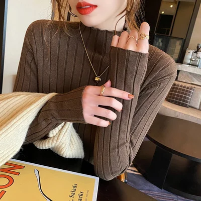 Uveng Uveng Winter Half-High Sweater Women Long Sleeve Pure Color Spring And Autumn Pit Stripe Loose Knitted Bottom Shirt