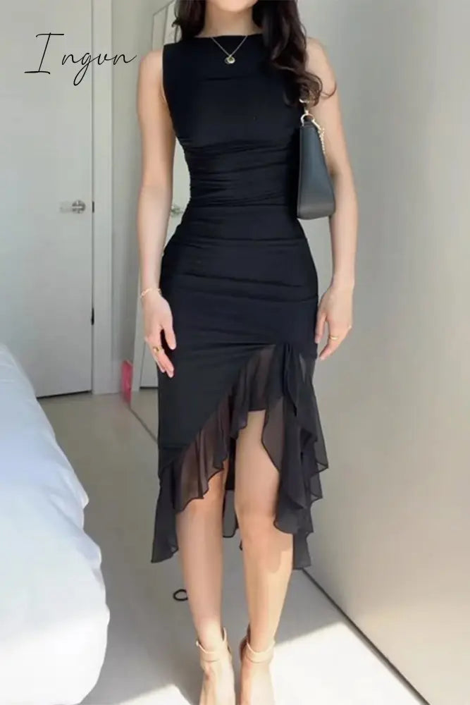 Sexy Celebrities Solid Fold Asymmetrical O Neck Irregular Dress Dresses Black / S Dresses/Casual