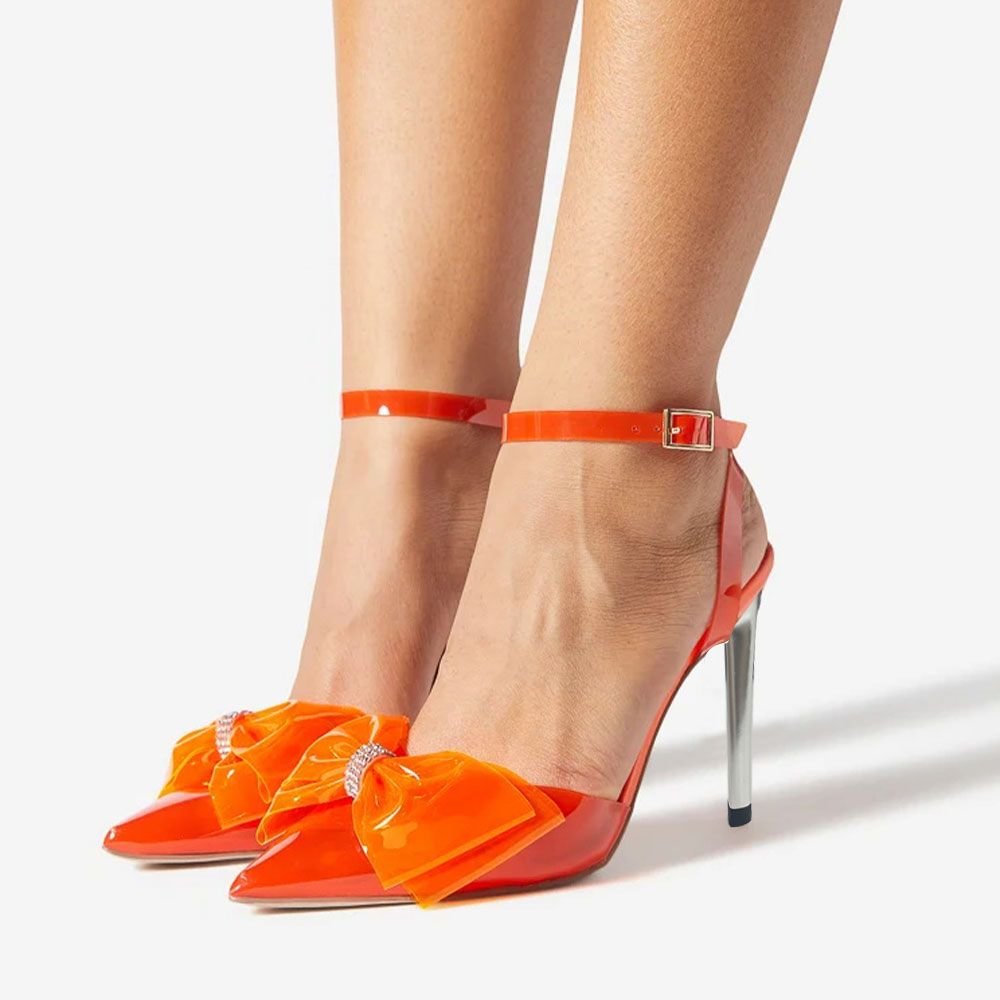 Orange Clear Slingback Pumps Stiletto Heels With Glossy Bow