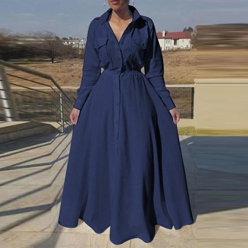 VONDA Oversized Women Maxi Sundress Lapel Collar Button Up Dress 2022 Spring Pleated Casual Robe Long Sleeve Bohemian Vestidos