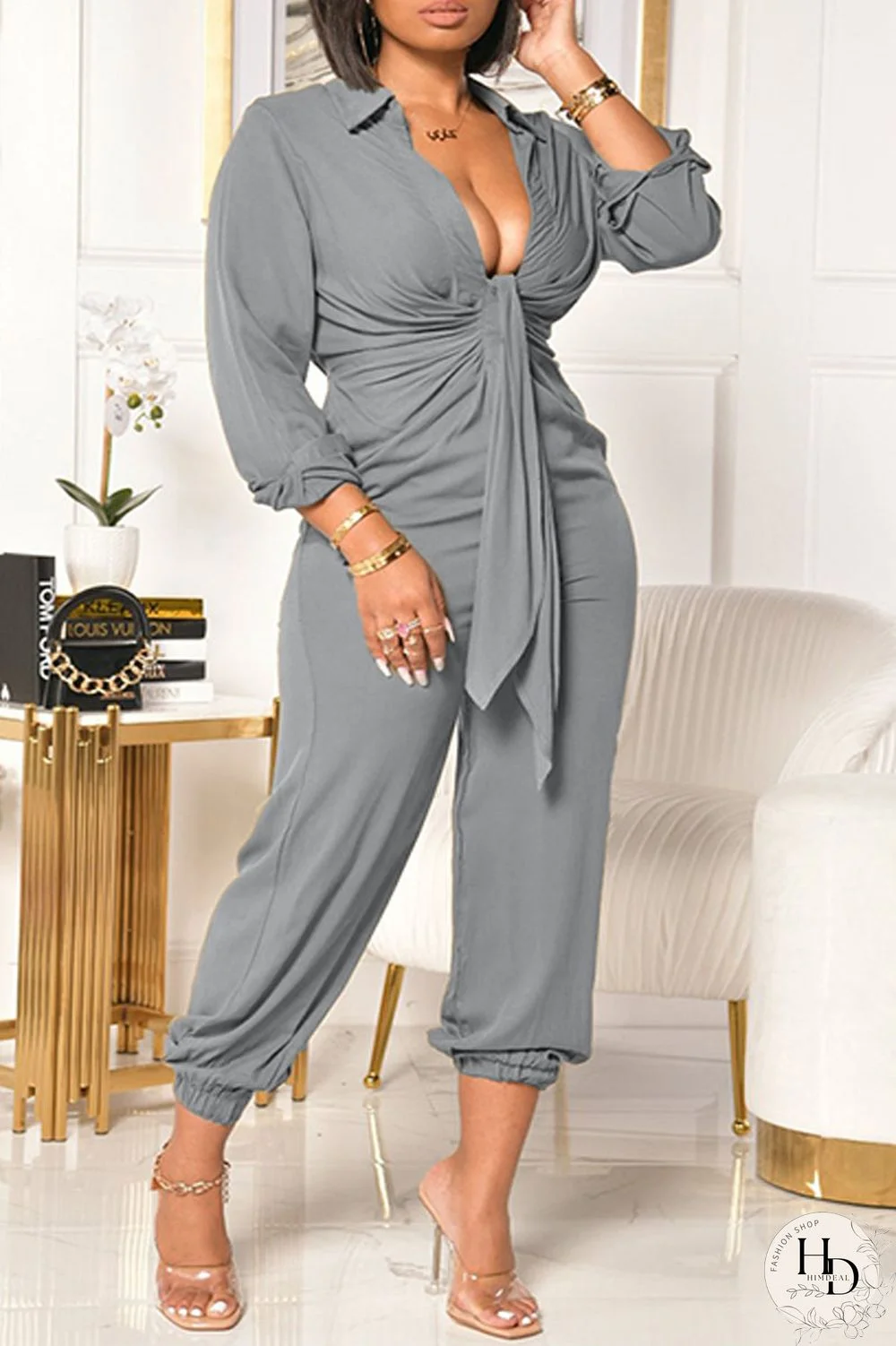 Grey Casual Solid Patchwork V Neck Plus Size Jumpsuits