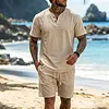 Men's Casual Linen Henley T-Shirt And Shorts Set by Inlyline