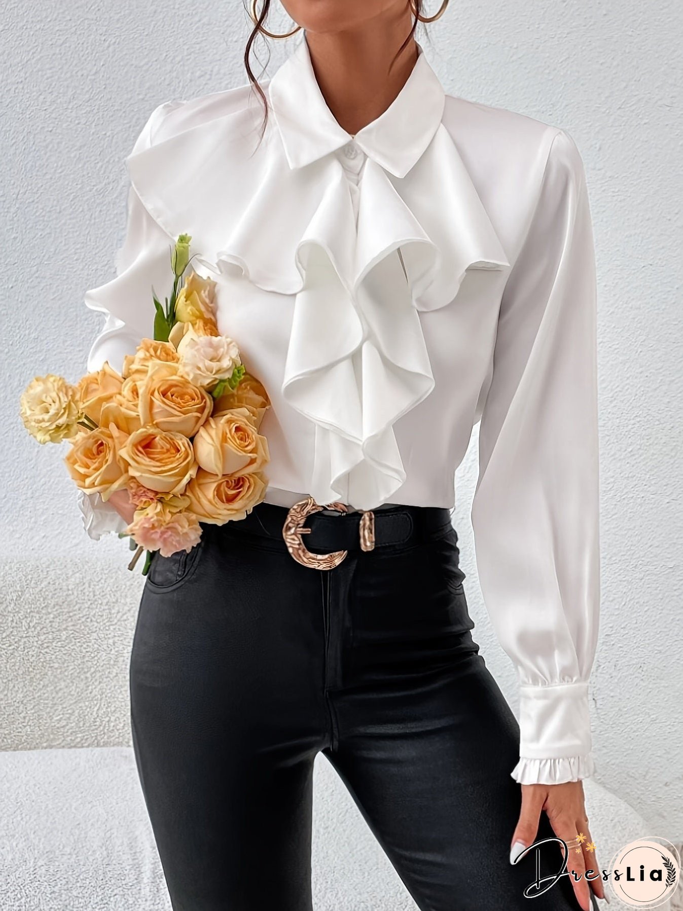 Ruffle Trim Solid Blouse, Elegant Long Sleeve Work Blouse, Women's Clothing