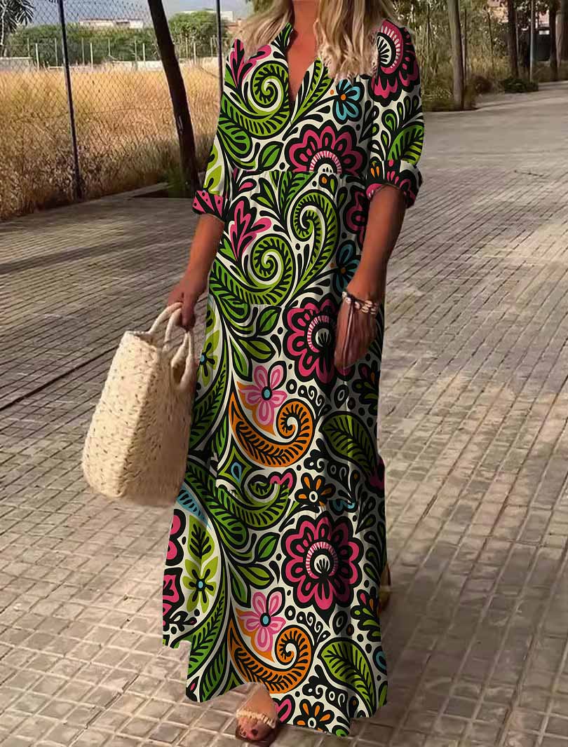 Women Flowers, Red, Green DZDN0375 SPU Printed Long Sleeve V-neck Maxi Dress
