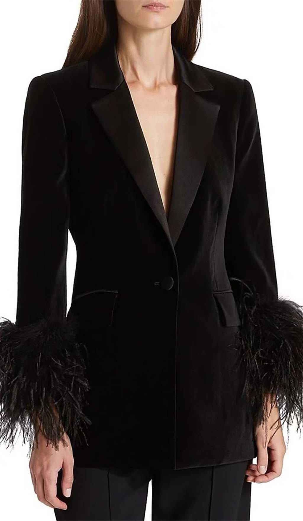 Velvet Feather-Trim Jacket In Black Miss Lee Label