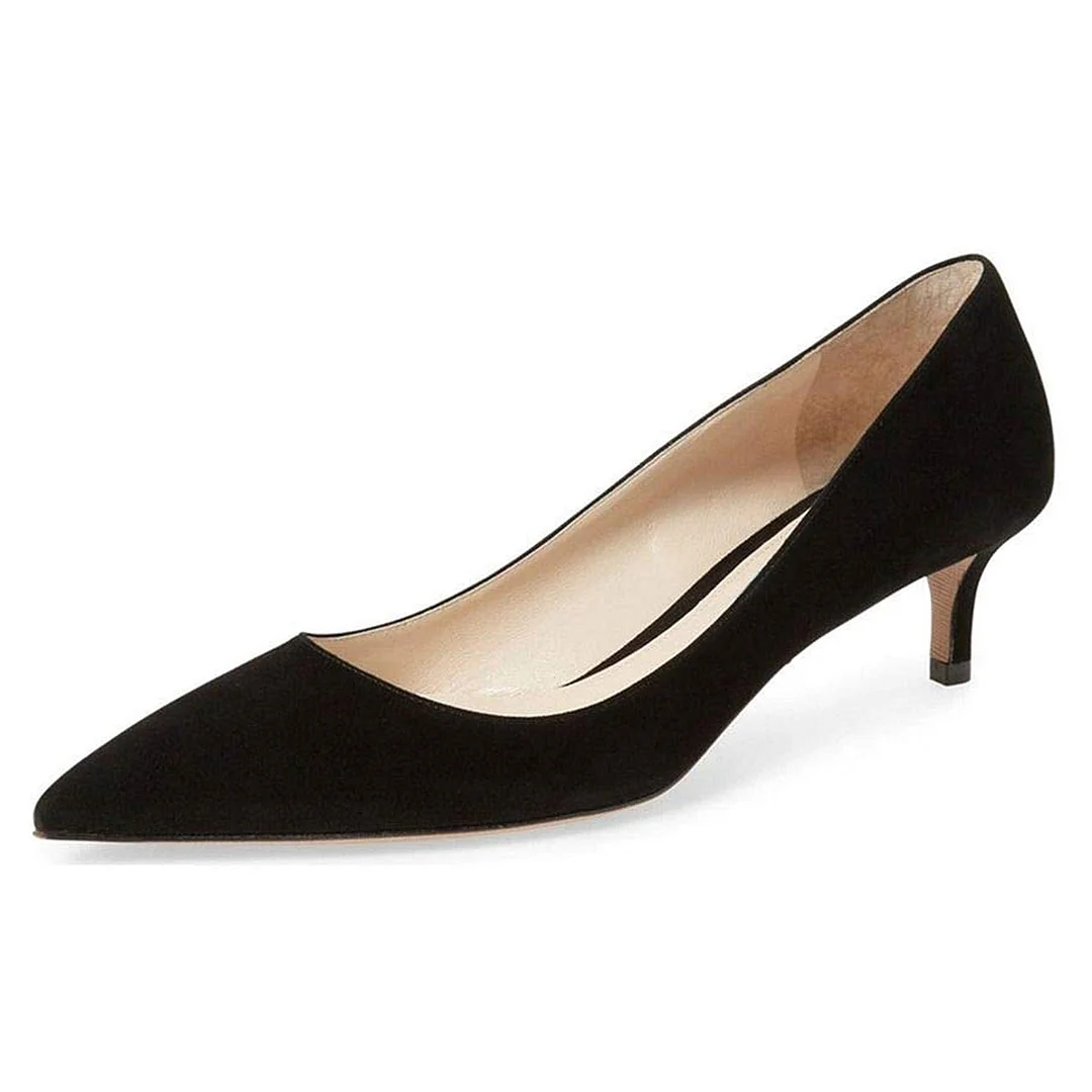 Simple Black Vegan Suede Pointed Toe Kitten Heel Pumps for Women