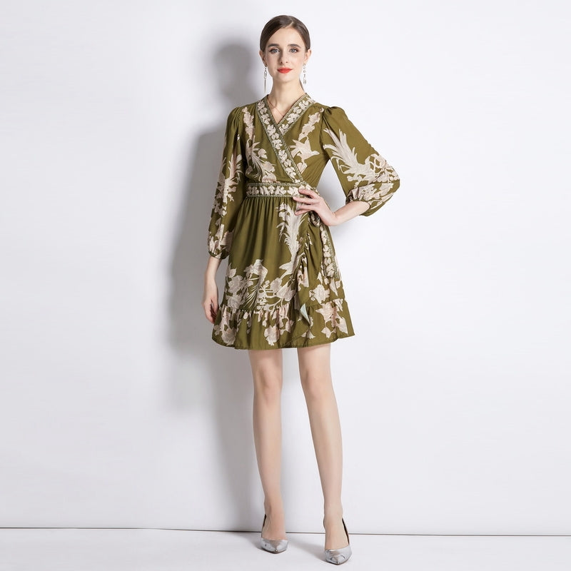 Women A Line Reffled Belted V Neck Dress