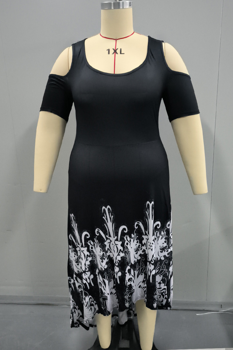 Plus Size Cold Shoulder Floral Print High Low Hem Maxi Dress 2024 - Flycurvy 