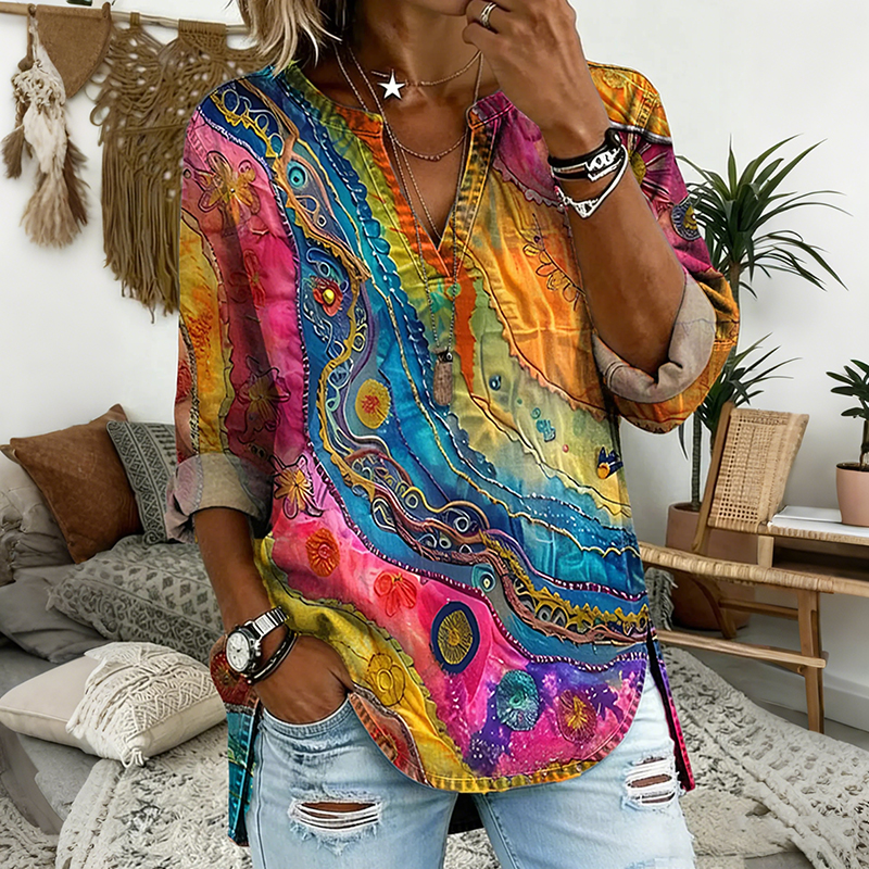 Comstylish Women's Colorful Wave Texture Pattern V Neck Blouse