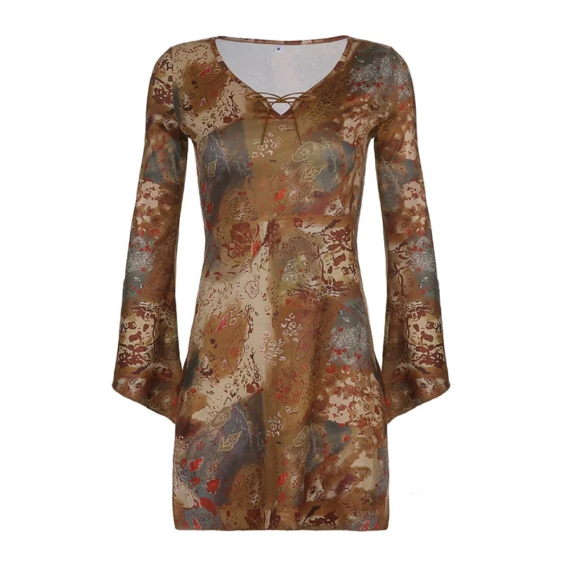 Darlingaga Retro Fashion Printed Fairycore Flare Sleeve Women Dresses V Neck Bow Split Club Party Sexy Dress Techwear Goblincore