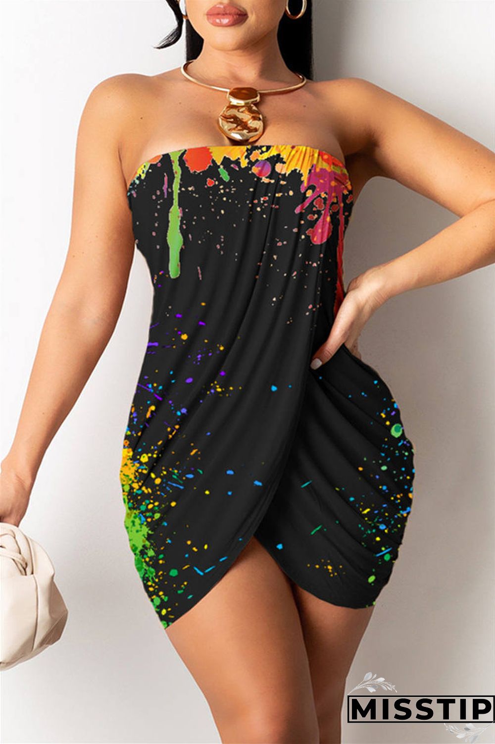 Colorful Blue Sexy Print Backless Asymmetrical Strapless Sleeveless Dress