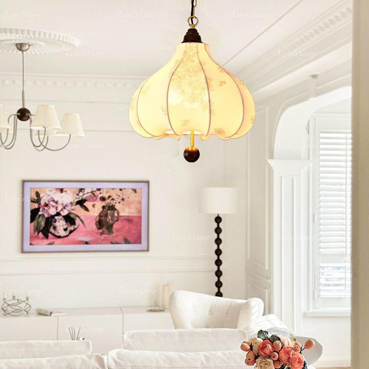 Traditional Vintage Chestnut Shaped Walnut Fabric Iron 1-Light Pendant Light For Bedroom