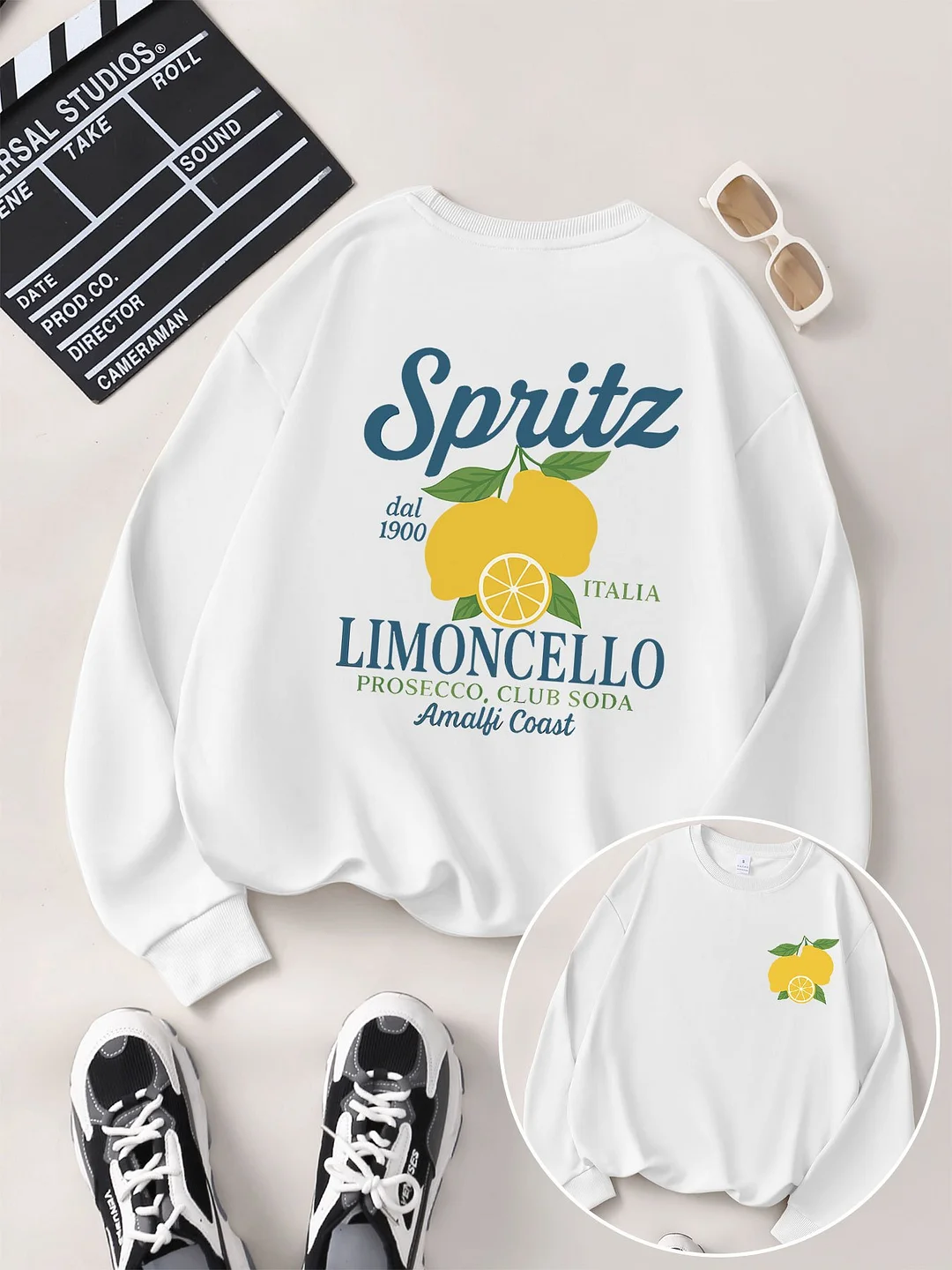 Women's Italian-Inspired Spritz Limoncello Graphic Print Crew Neck Sweatshirt - Peach Casual Long Sleeve Pullover With Lemon & Amalfi Coast Design, Machine Washable For Spring Summer Fall | IFYHOME